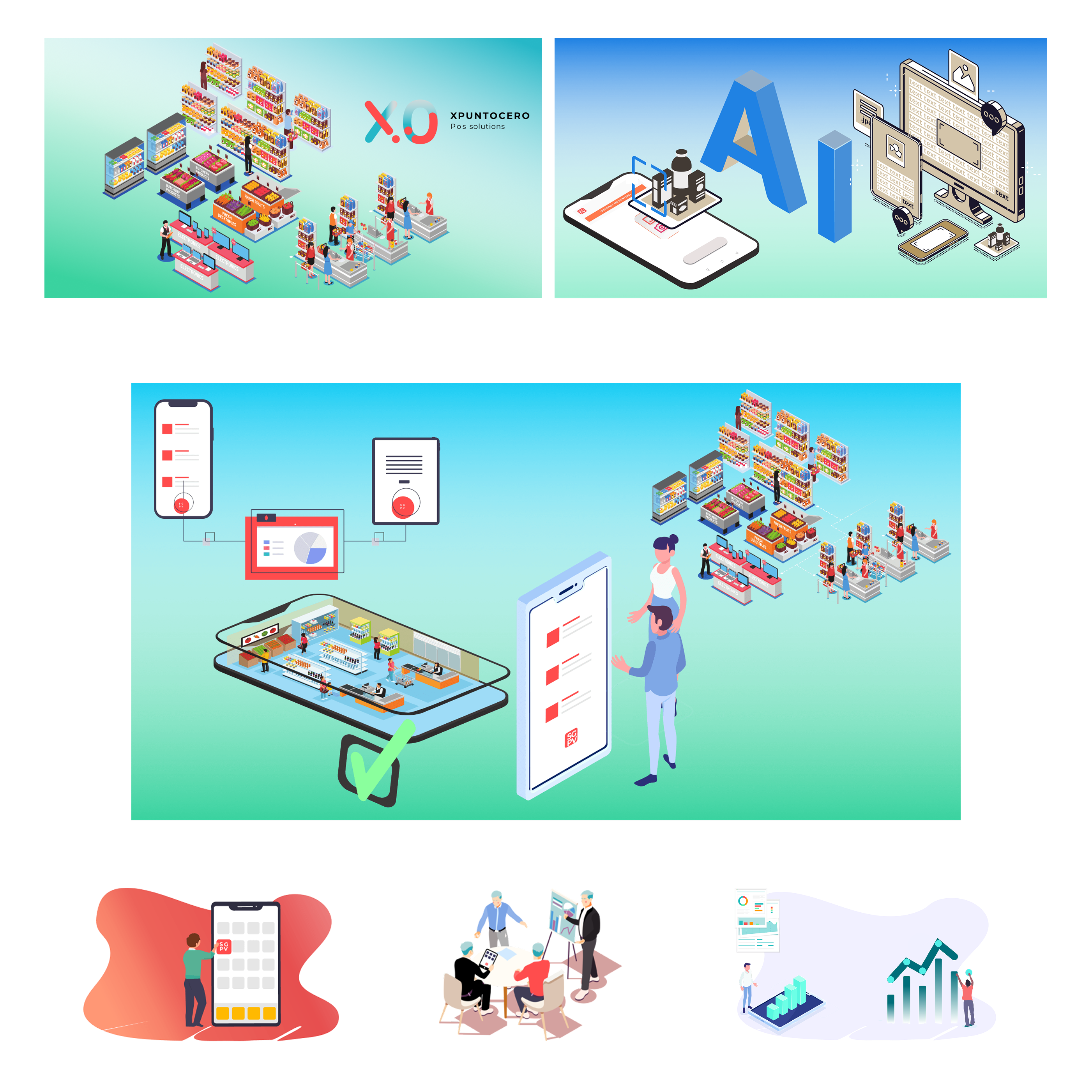Custom isometric illustration showing mobile, tablet, and retail environments linked through XpuntoCero’s Saas solution.
