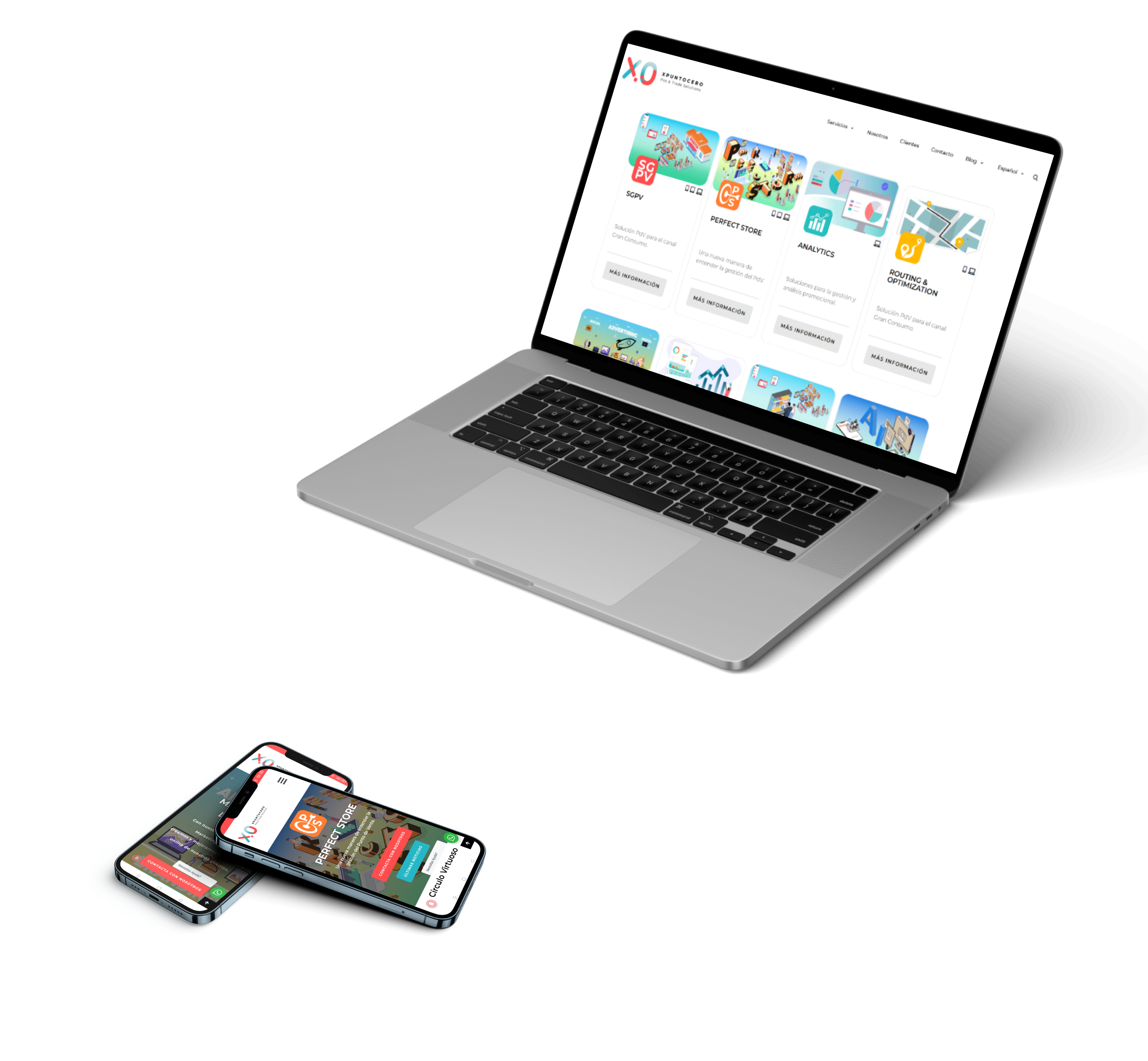 Responsive redesign preview of XpuntoCero’s platform on laptop and smartphone screens.