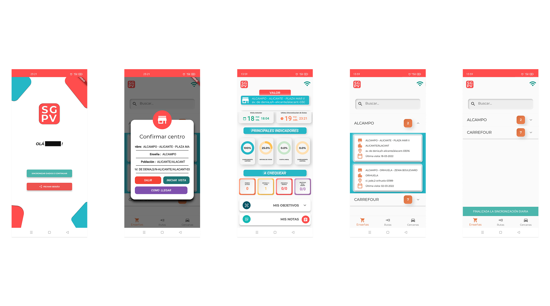 Sequence of mobile screens showing login, confirmation, and performance dashboard in SGPV v7.