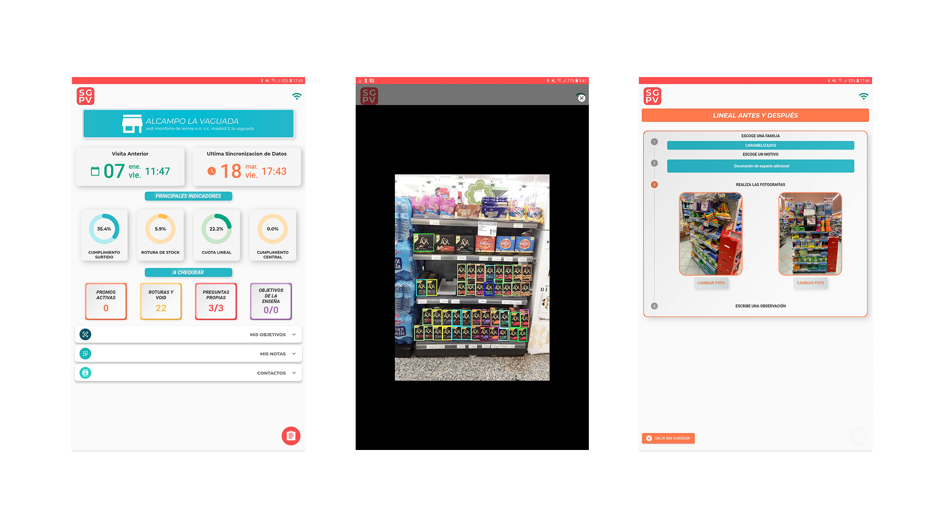 Tablet interface displaying the shop dashboard and AI-based image recognition capture feature in SGPV v7.